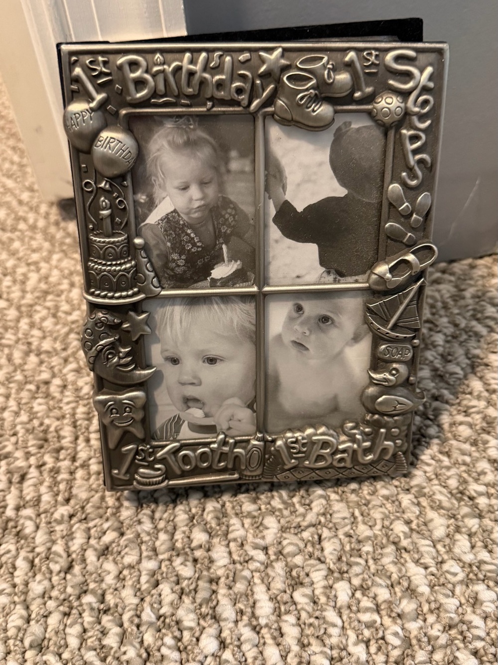 Silver 4-Opening Baby Firsts Photo Frame with attached photo book